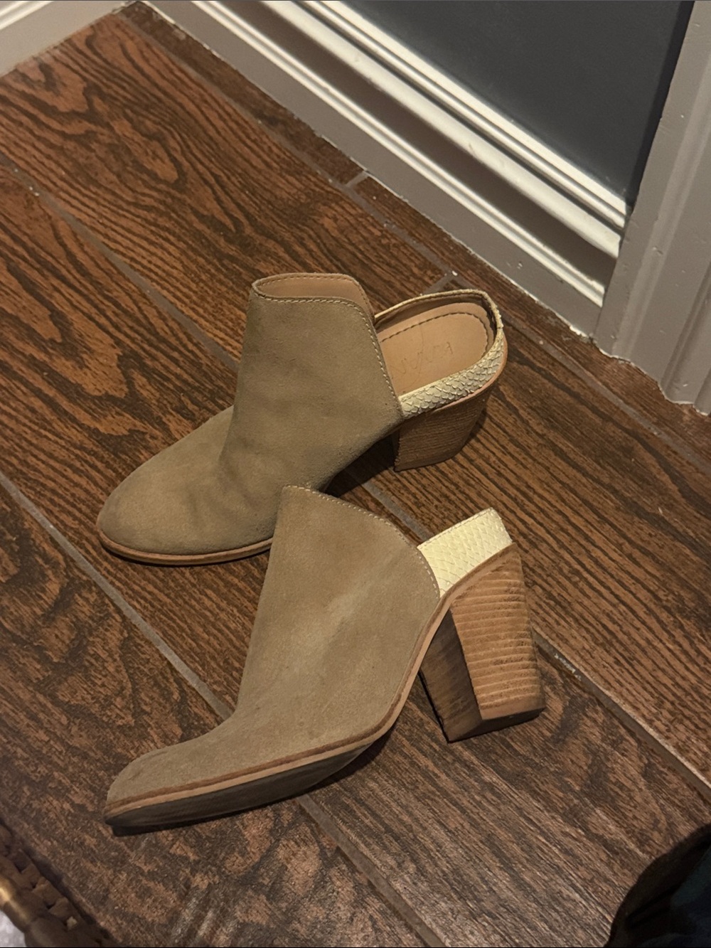 Anthropologie Taupe Suede Open-Back Block Heel Mules